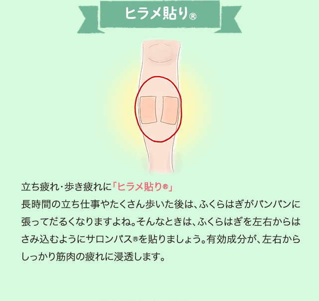 立ち疲れ・歩き疲れに「ヒラメ貼り®」 長時間の立ち仕事やたくさん歩いた後は、ふくらはぎがパンパンに張ってだるくなりますよね。そんなときは、ふくらはぎを左右からはさみ込むようにサロンパス®を貼りましょう。有効成分が、左右からしっかり筋肉の疲れに浸透します。