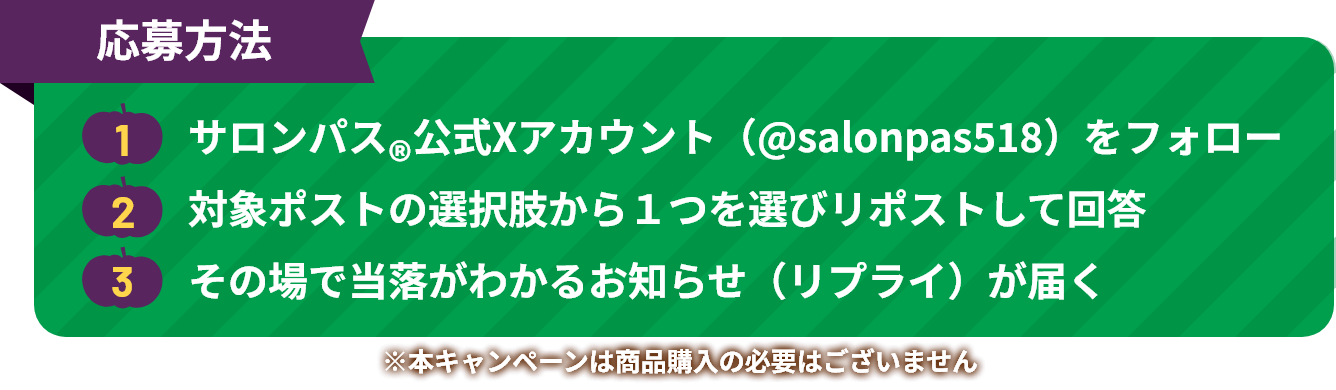 応募方法は、1 サロンパス®公式Xアカウント（@salonpas518）をフォロー、2 対象ポストの選択肢から1つを選びリポストして回答、3 その場で当落がわかるお知らせ（リプライ）が届く ※本キャンペーンは商品購入の必要はございません