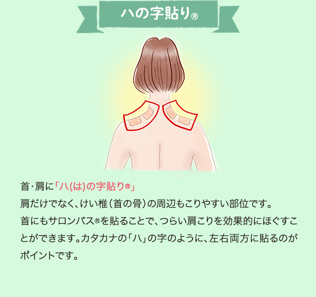 首・肩に「ハ(は)の字貼り®」 肩だけでなく、けい椎（首の骨）の周辺もこりやすい部位です。首にもサロンパス®を貼ることで、つらい肩こりを効果的にほぐすことができます。カタカナの「ハ」の字のように、左右両方に貼るのがポイントです。